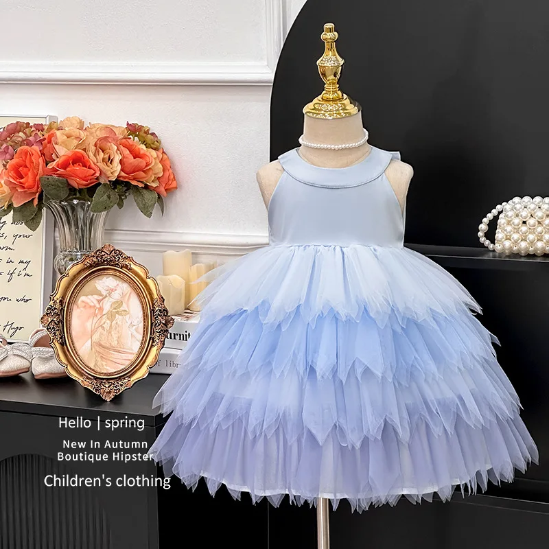 Robe princesse fée française été 2025 pour filles style européen tissu doux dégradé bleu pastel longueur genou