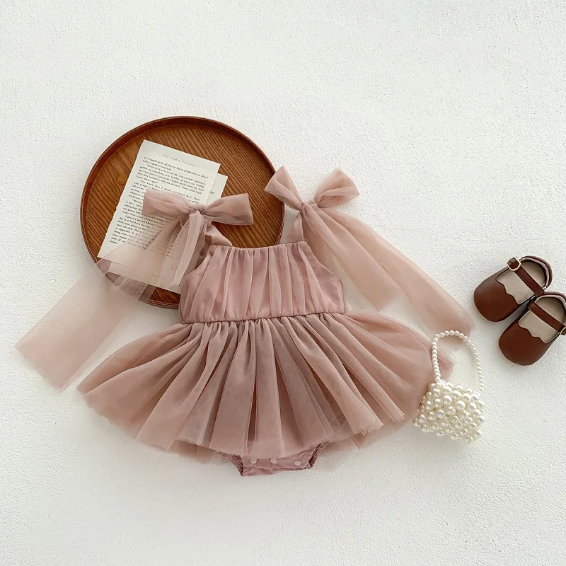 Robe princesse bébé fille été 2023 robe de bal sans manches tulle et dentelle accessoire sac à perles style él
