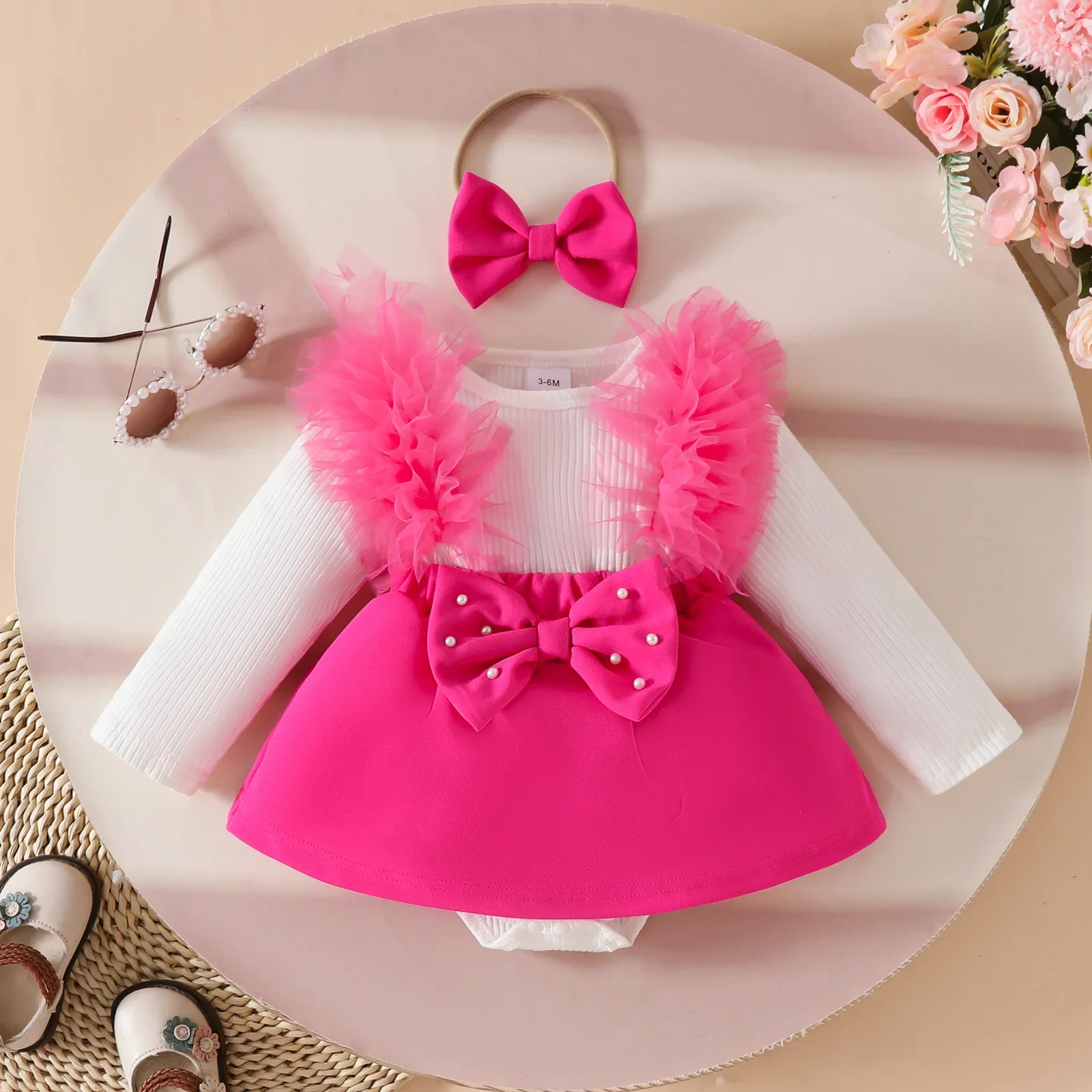 Robe automne fille bébé 02 ans côtelé manches longues jupette tulle rose nœud headband tenue fête occasion spé