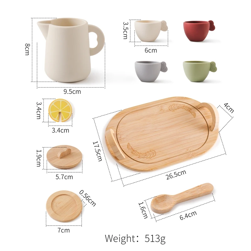 Ensemble de jeu 9 pièces pour bébé service à thé en silicone jouets en céramique et bois jouets éducatifs cade