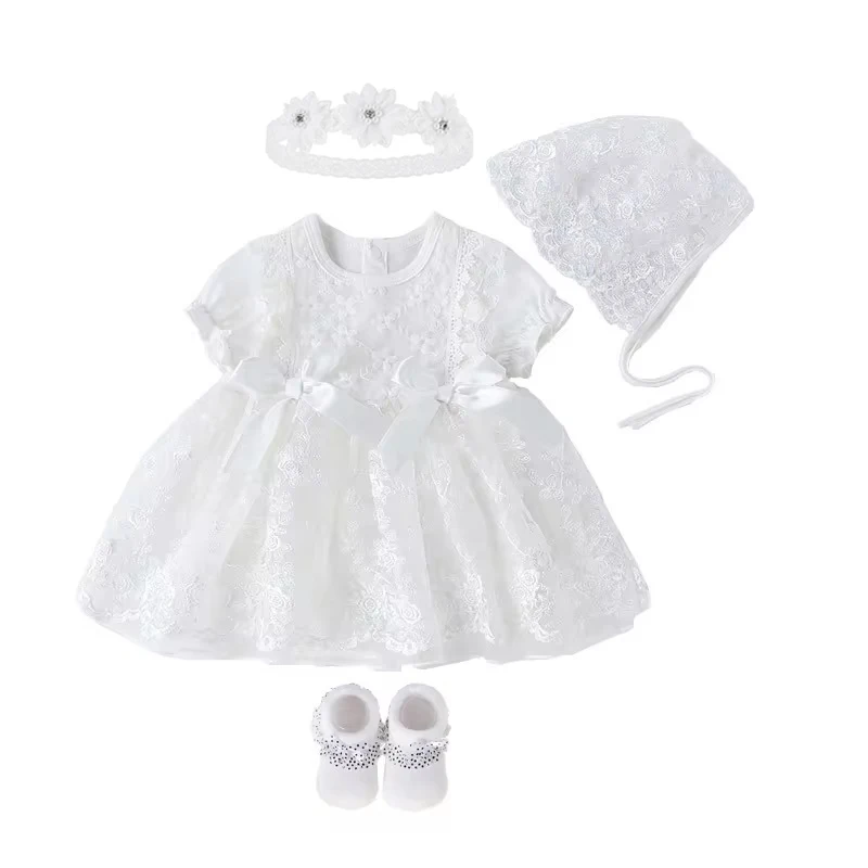 Robe Tutu blanche pour nouveauné fille tenue de fête ensemble de chaussures de baptême 06 mois 4 pièces matéri