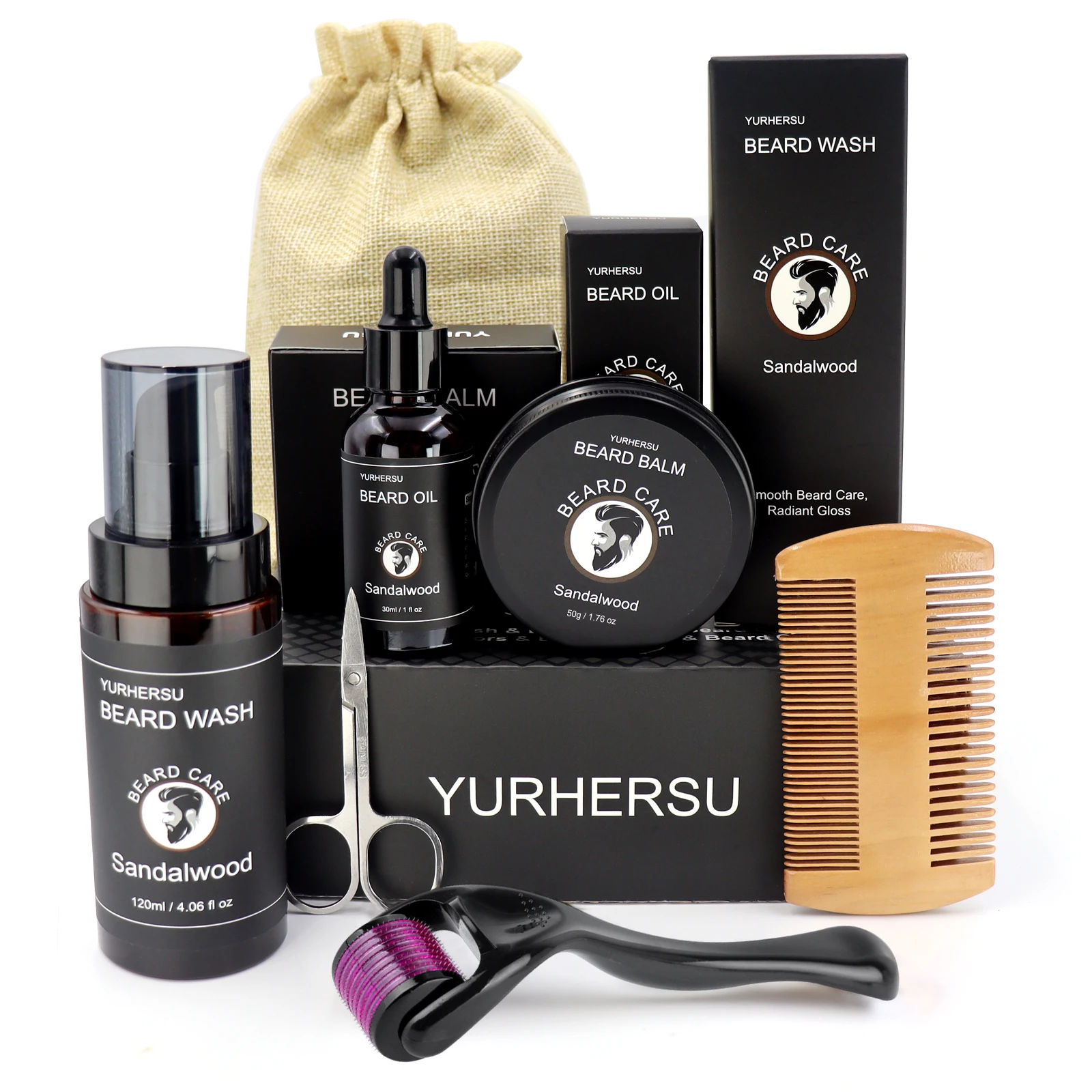 Kit soins barbe homme ensemble toilettage huile baume peigne ciseaux brosse sac 7 pièces cadeau idéal soin bar