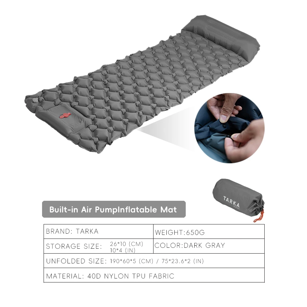 Tapis de camping gonflable Tarka avec oreiller matelas autogonflable pour randonnée escalade trekking Gris fon