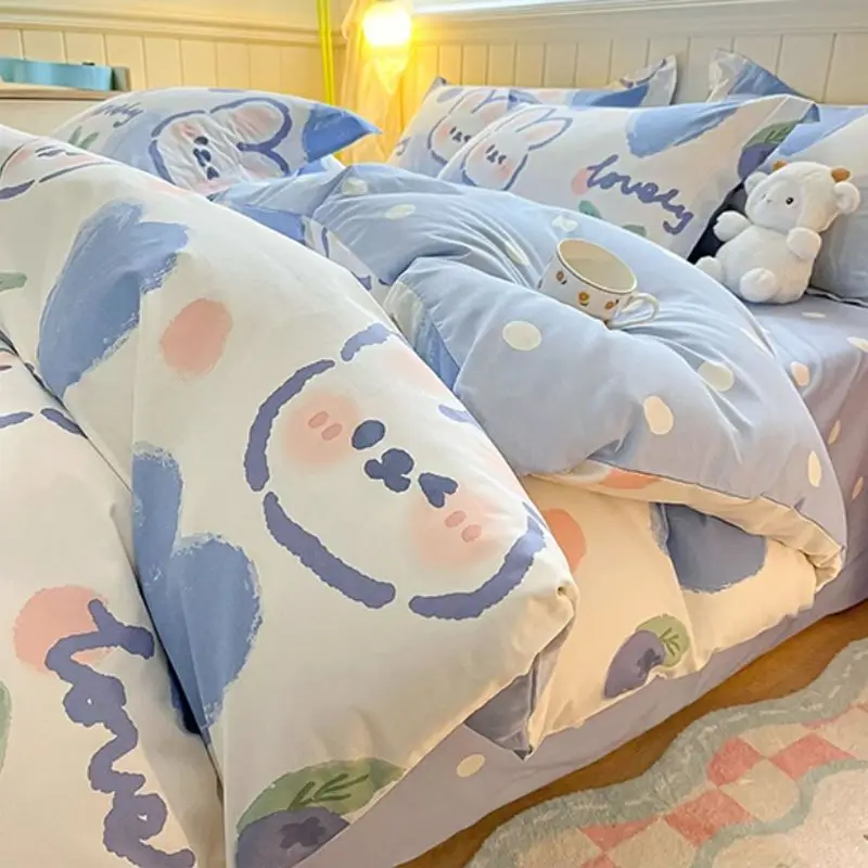 Parure de lit lapin mignon pour enfants housse de couette drap plat taies d'oreiller floral athlon poussette a