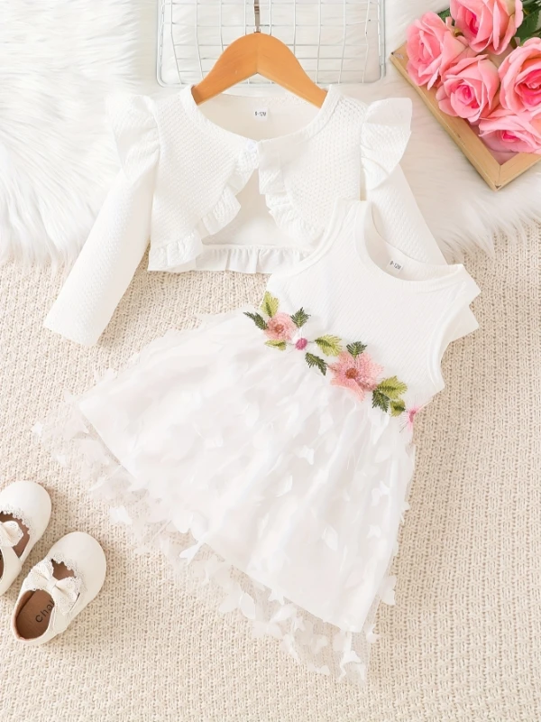 Robe en tulle fleurie cardigan à volants pour fille ensemble 2 pièces