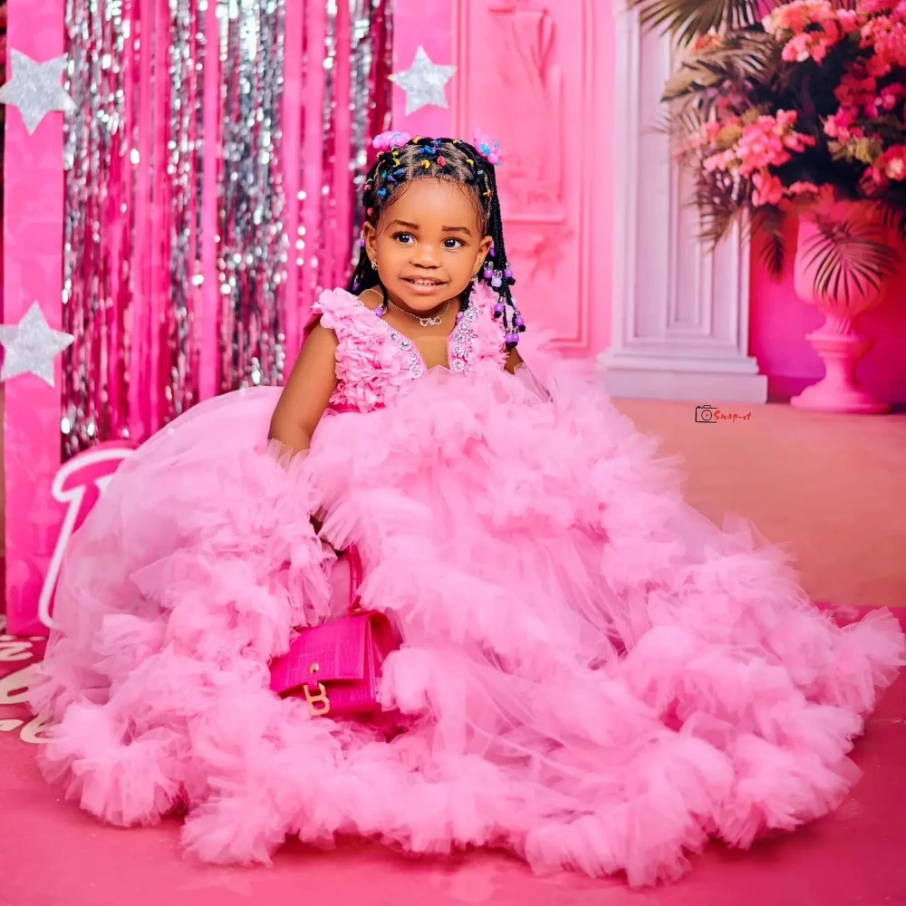 Robe de fille en soie luxueuse broderie florale perles volants pour anniversaire mariage séance photo personna