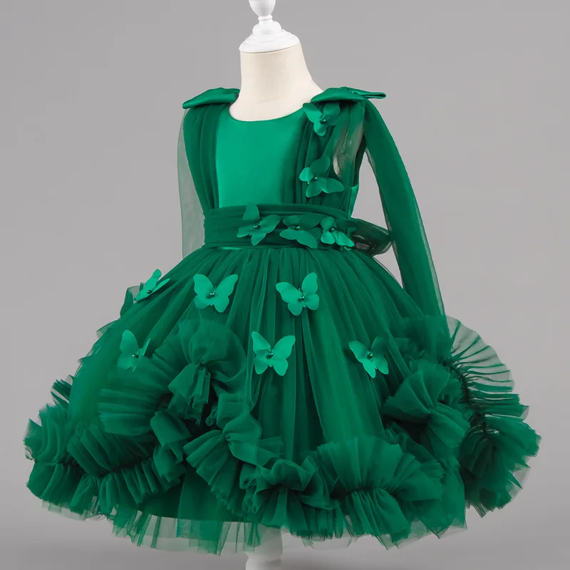 Robe princesse fille tissu tulle papillons occasion spéciale anniversaire mariage recital ballerine verte 713