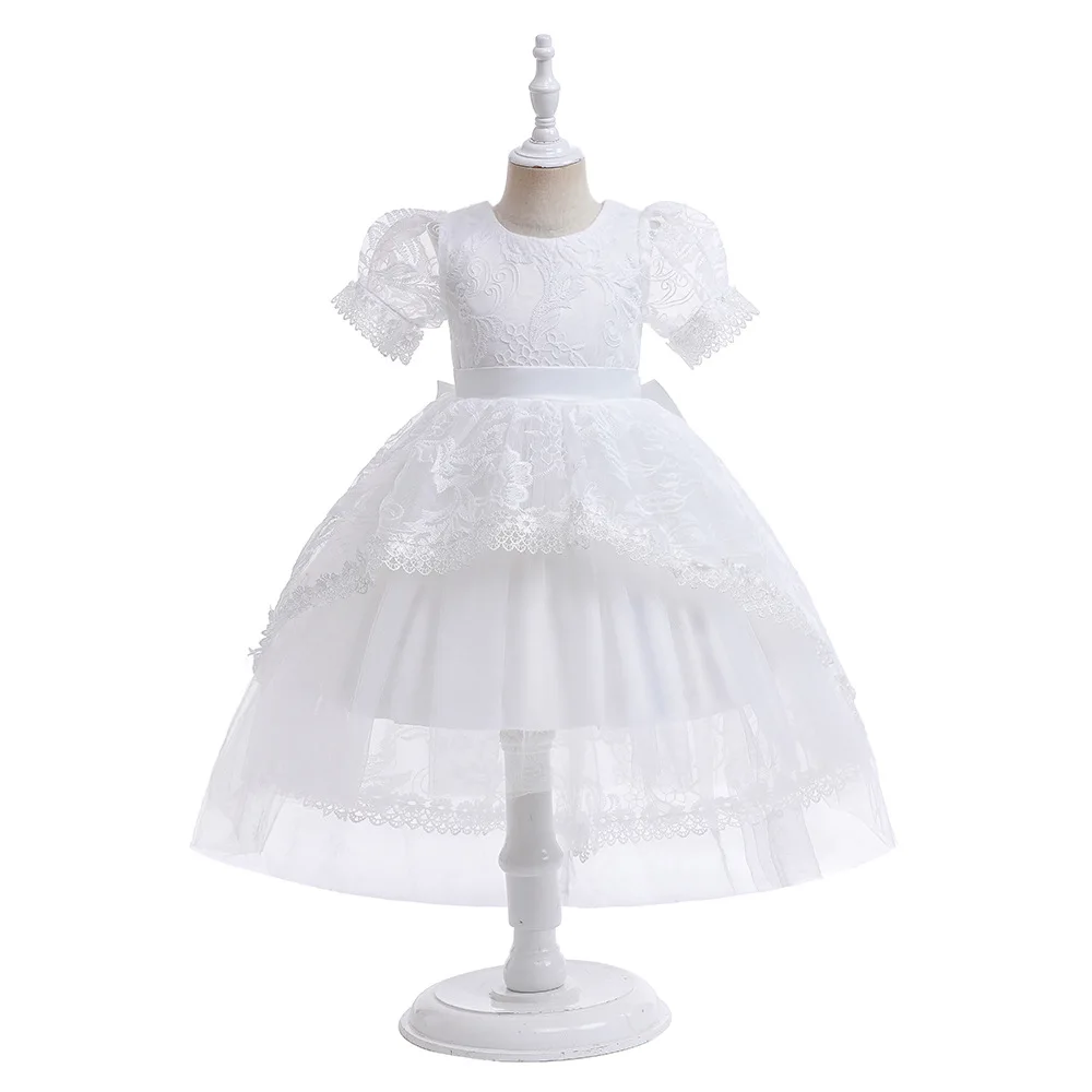 Robe d'hôte de fête pour filles robe de bal princesse style manches à bulles jupe en tulle ceinture satin blan