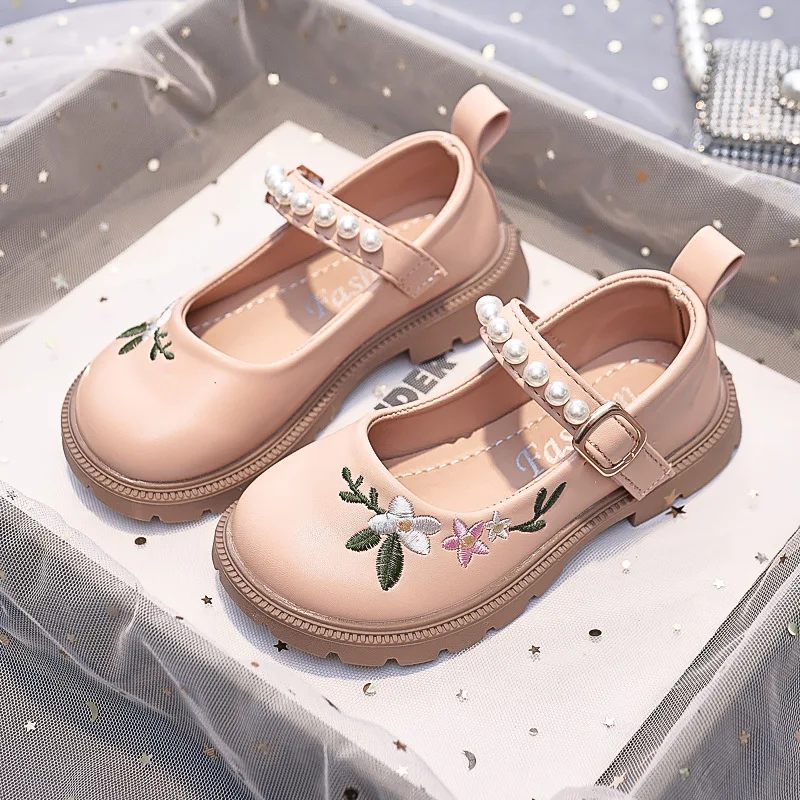Chaussures princesse brodées en cuir synthétique pour enfant ballerines souples rose pâle Floral perles semell