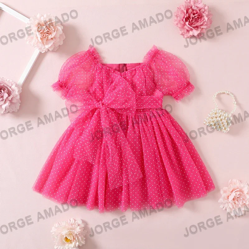 Tenues assorties pour la famille jumeaux robe dos ouvert costume batterie style doux été flocage pois rose red