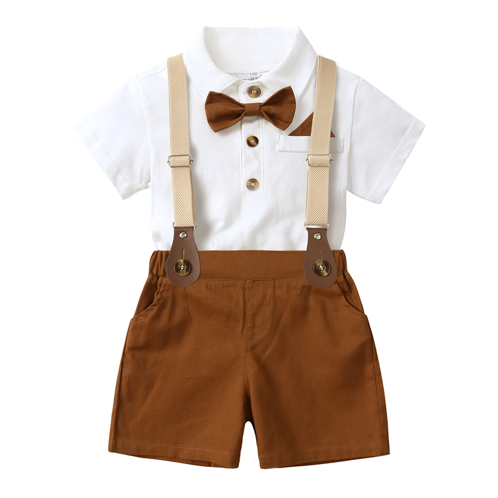 Tenue d'anniversaire formelle pour garçon bébé ensemble chemise à manches courtes et pantalon à bretelles styl