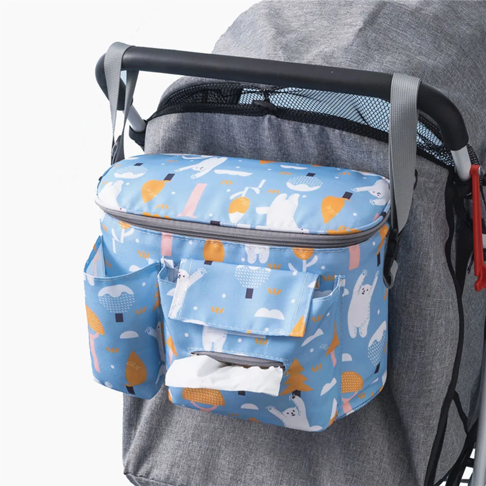 Sac de rangement pour poussette organizer universel avec portegobelets poches multiples design ludique motifs 