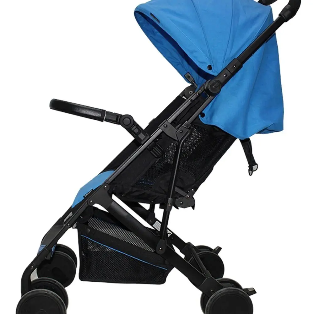Poussette canne moderne pour bébé design épuré capote bleu vif cadre métal noir panier maille pliable rapide U