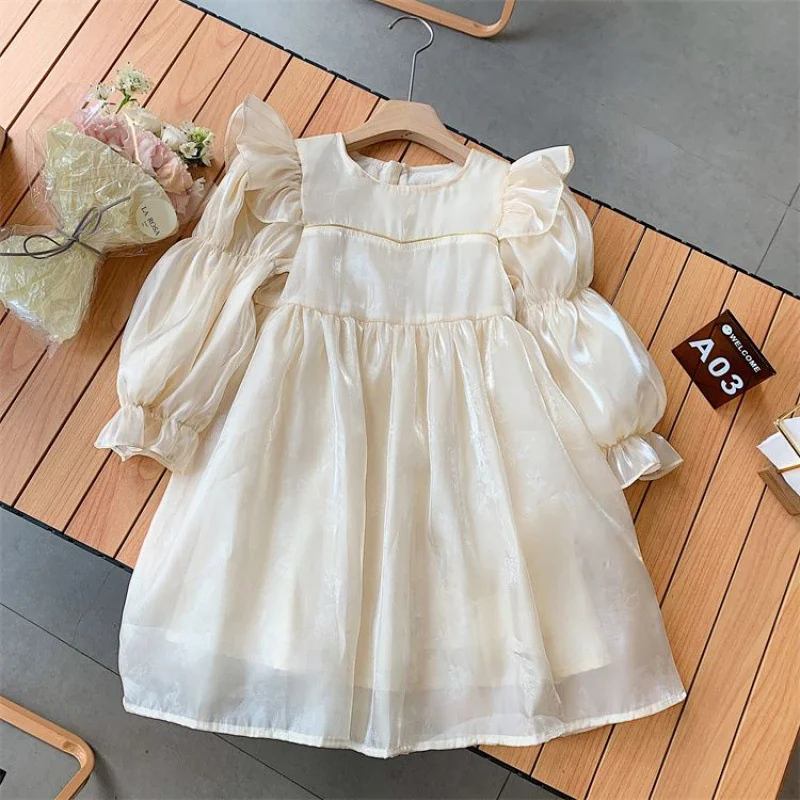 Robe d'automne pour filles manches bouffantes style princesse tissu