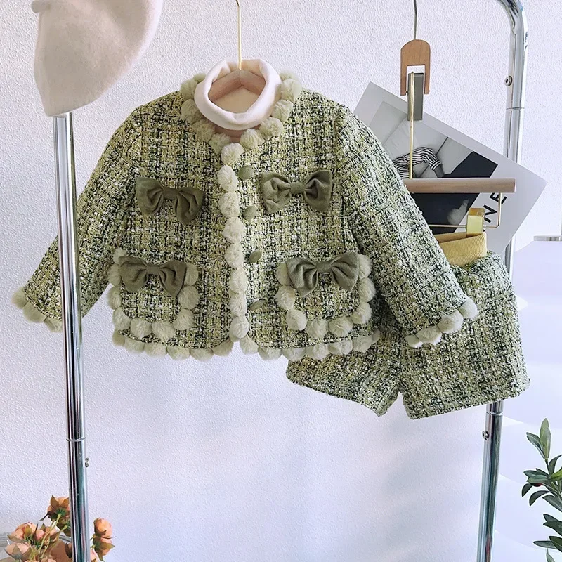 Ensemble veste et col roulé pour filles tweed printempsautomne veste extérieure décoration pompons élégant dou