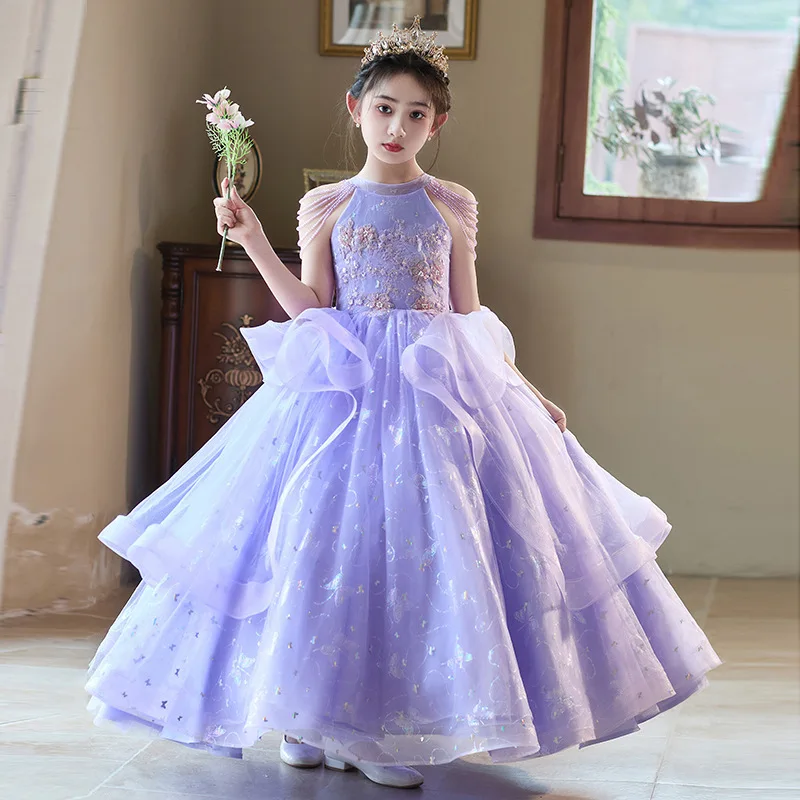Robe de princesse longue fantaisie en Tulle pour adolescentes, à fleurs, col licou, à volants, longue robe de 