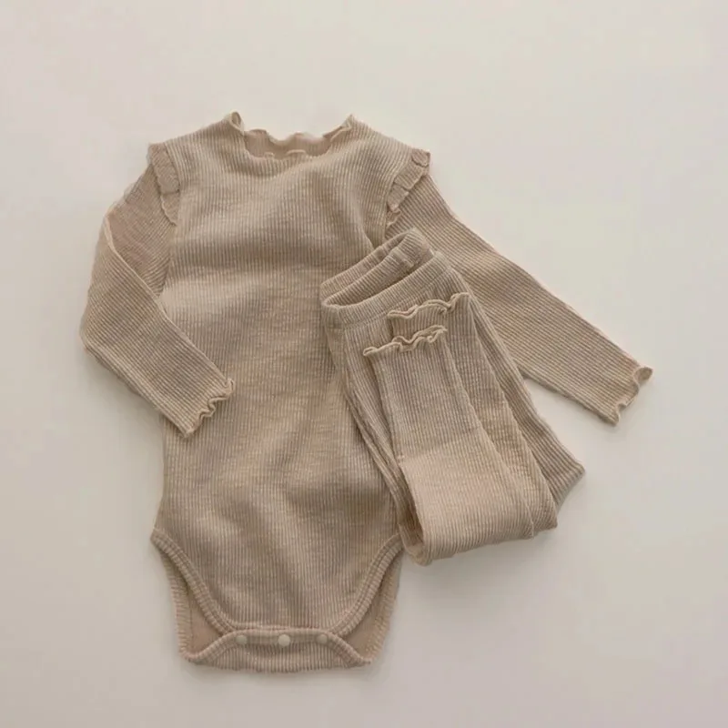 Ensemble Vêtements Bébé Fille 02 Ans Coton Ribé Design Doux Fronces Manches Longues Tenue Printemps Confortabl