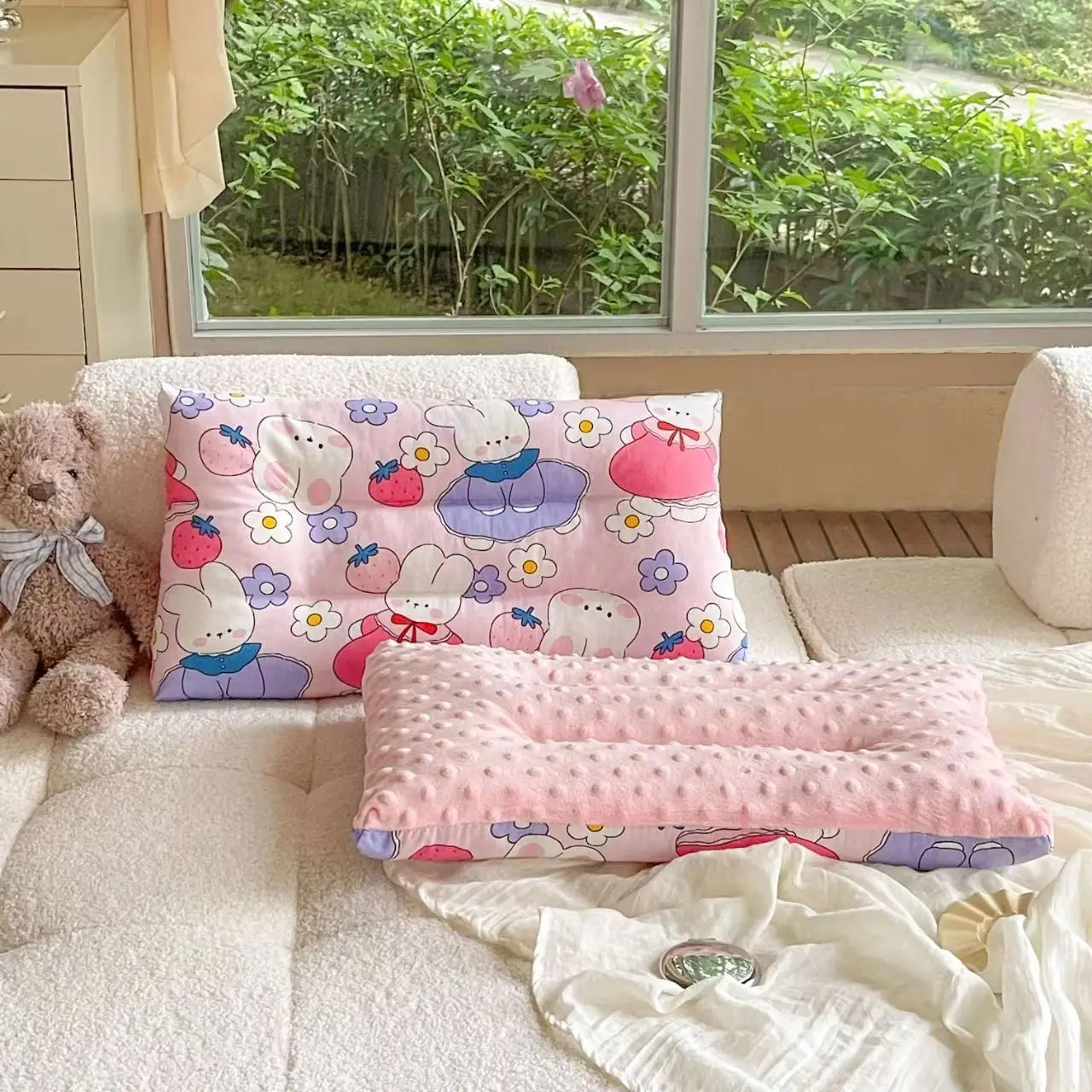 Oreiller de Sommeil en Duvet de Haricot Tout Coton pour Bébé et Enfant Design Mignon Lapin Lavable Confortable