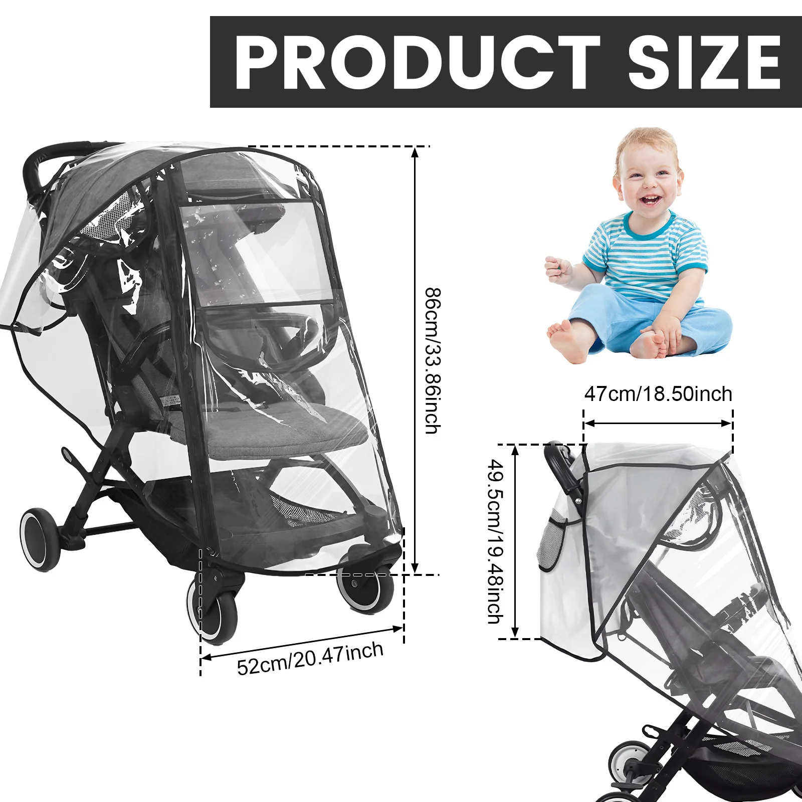 Housse de pluie transparente pour poussette EVA imperméable double fermeture éclair trous d'aération accessoir