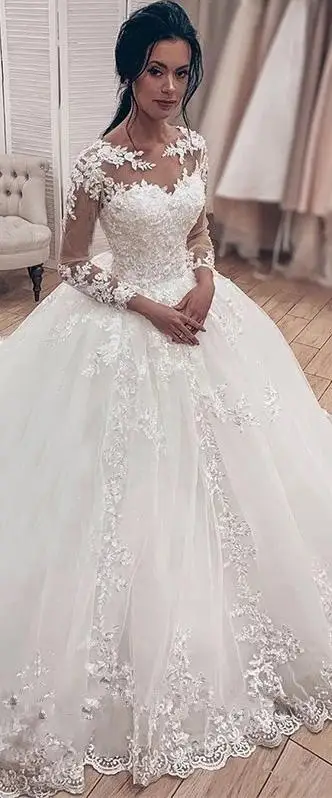 Robe élégante à manches longues pour femmes et filles robe de mariée dentelle longue traîne off white polyeste