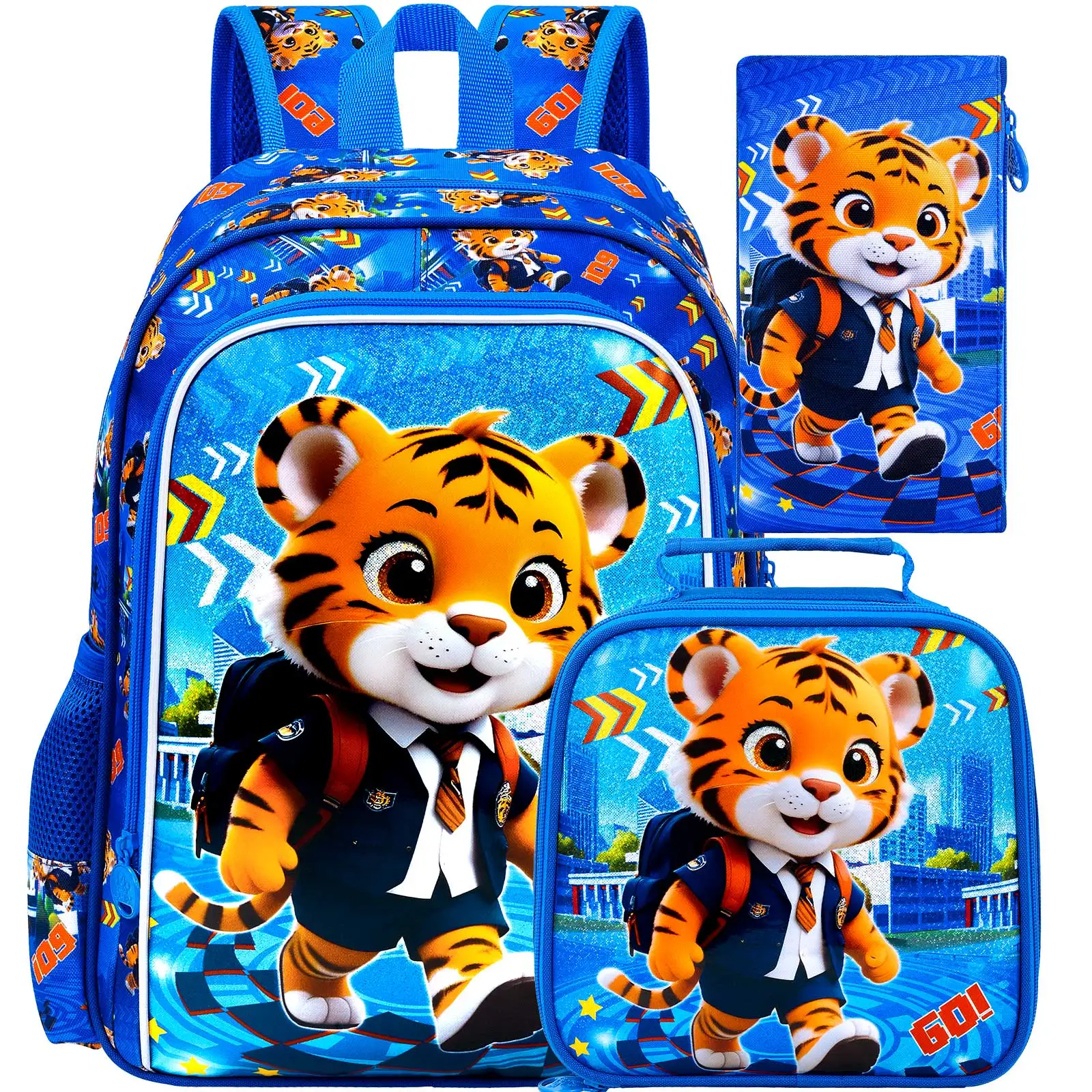 Sac à dos 3 pièces pour garçons sac école 16 pouces boîte à déjeuner tigre mignon design cartoon usage scolair