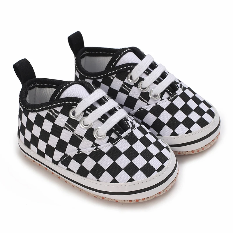 Chaussures bébé garçon 018 mois baskets classiques en toile coton semelle souple caoutchouc motif damier noir 