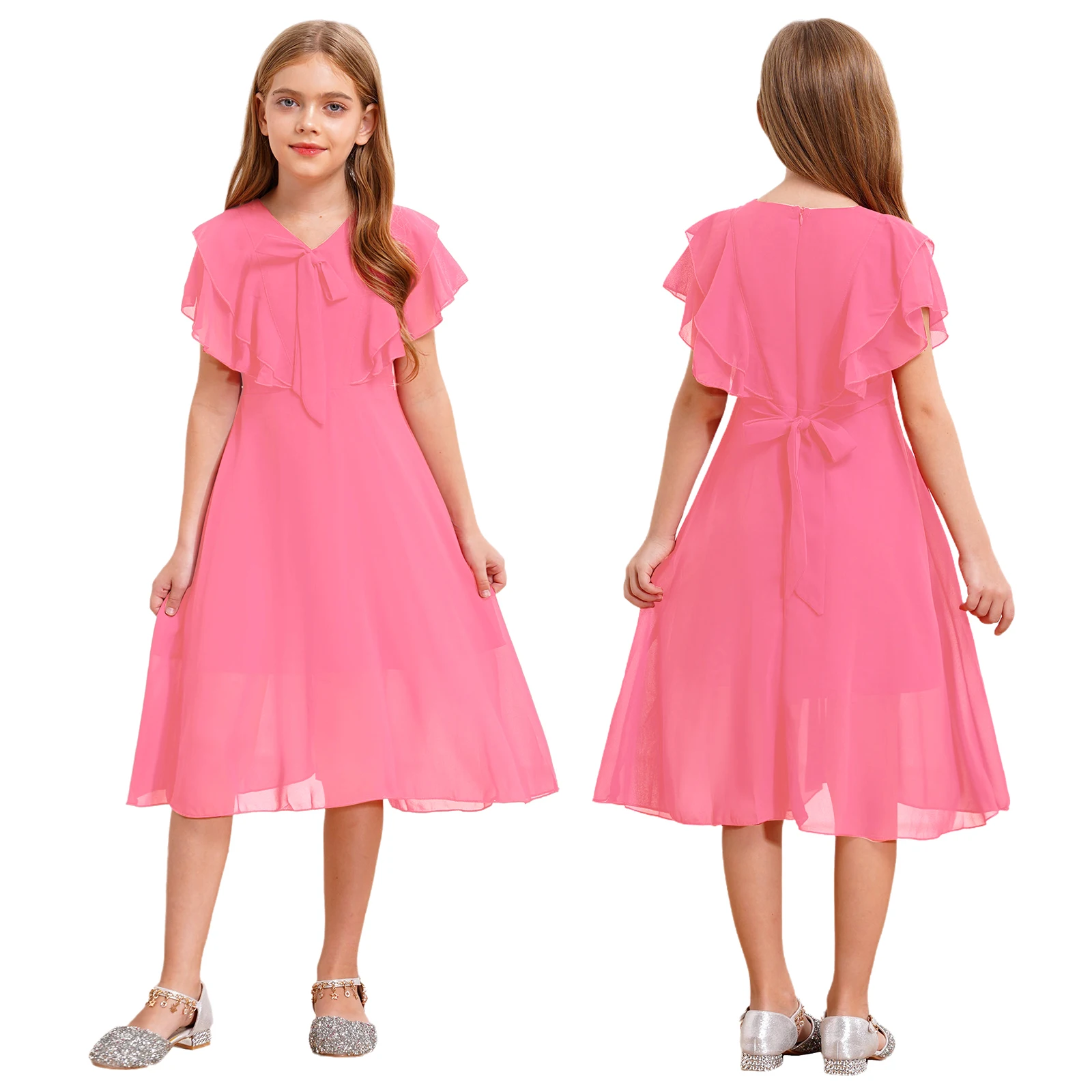 Robe princesse élégante mousseline soie fille Vneck ruffles occasion spéciale mariage anniversaire bal promo é