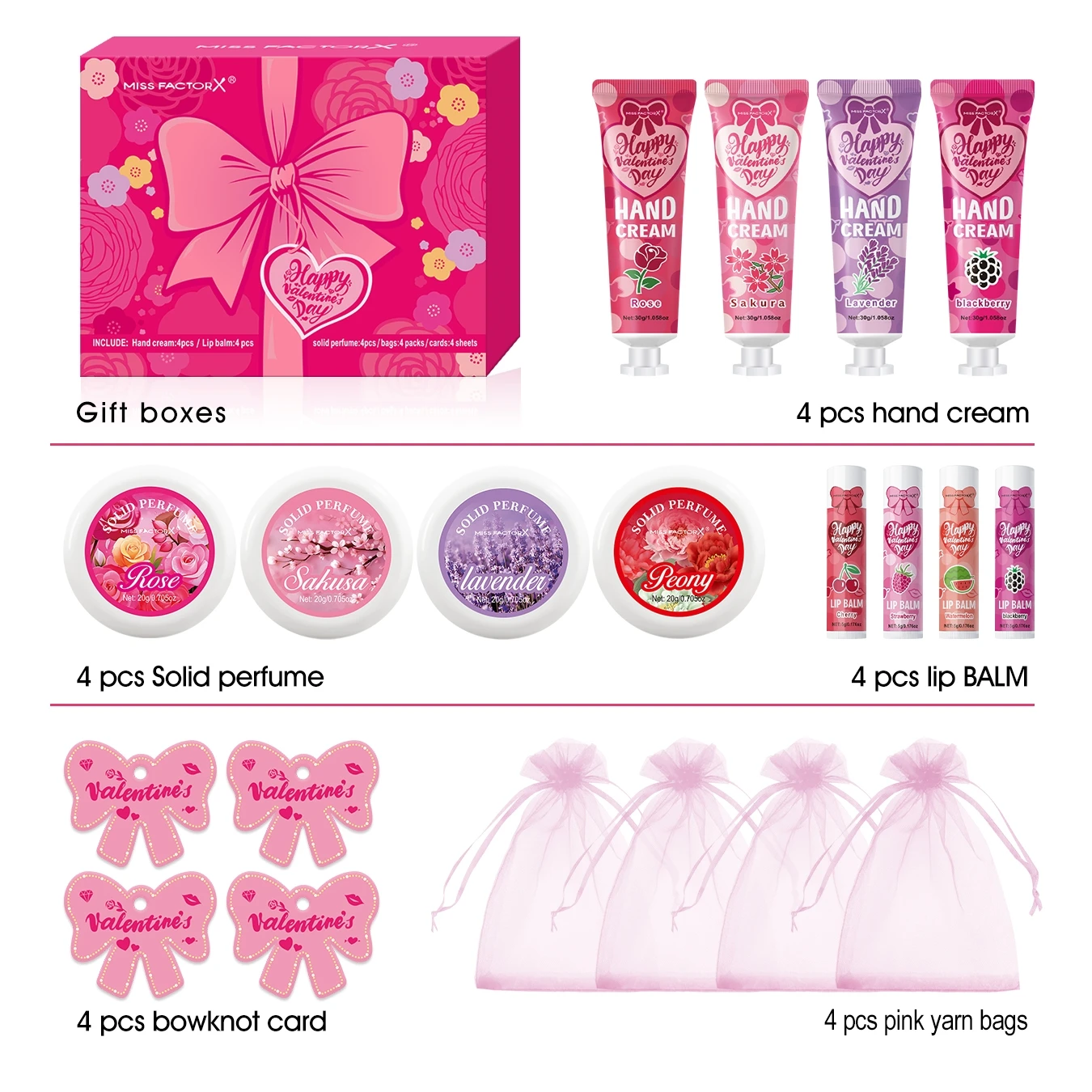 Coffret cadeau MISS FACTORY 20 pièces beauté soins mains lèvres parfum SaintValentin sac rose nœud romantique 