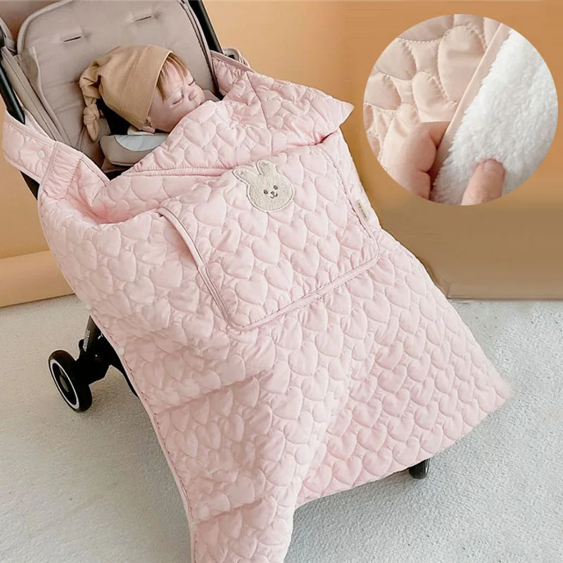 Couverture poussette universelle 2 en 1 bébé coupevent chaude style ours mignon rose pastel motifs cœurs Bunny