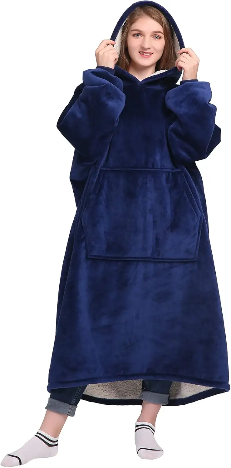 Robe de détente en sherpa adulte homme/femme bleu marine capuchon poche douce portable home soirées cocooning