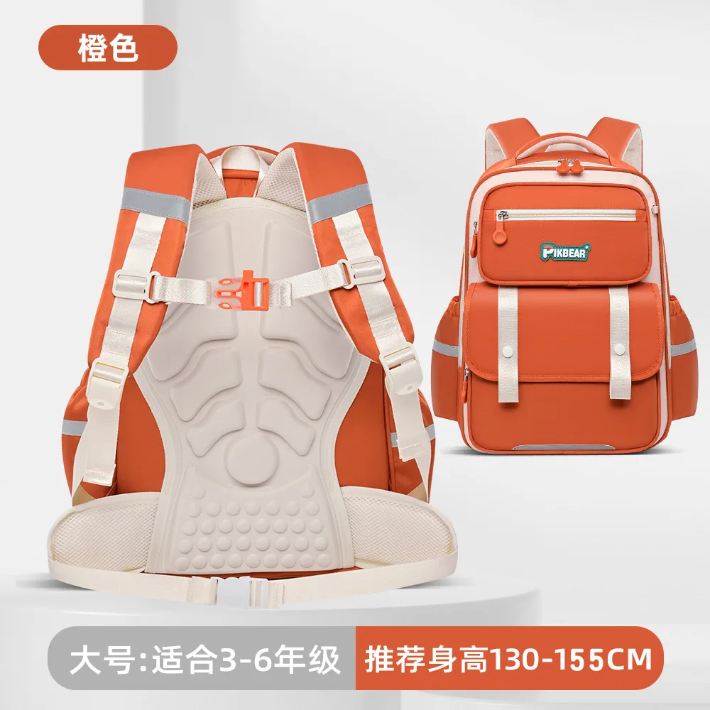 Sac à dos scolaire imperméable pour enfant Pikbear orange vif bandes réfléchissantes ajustables compartiments 