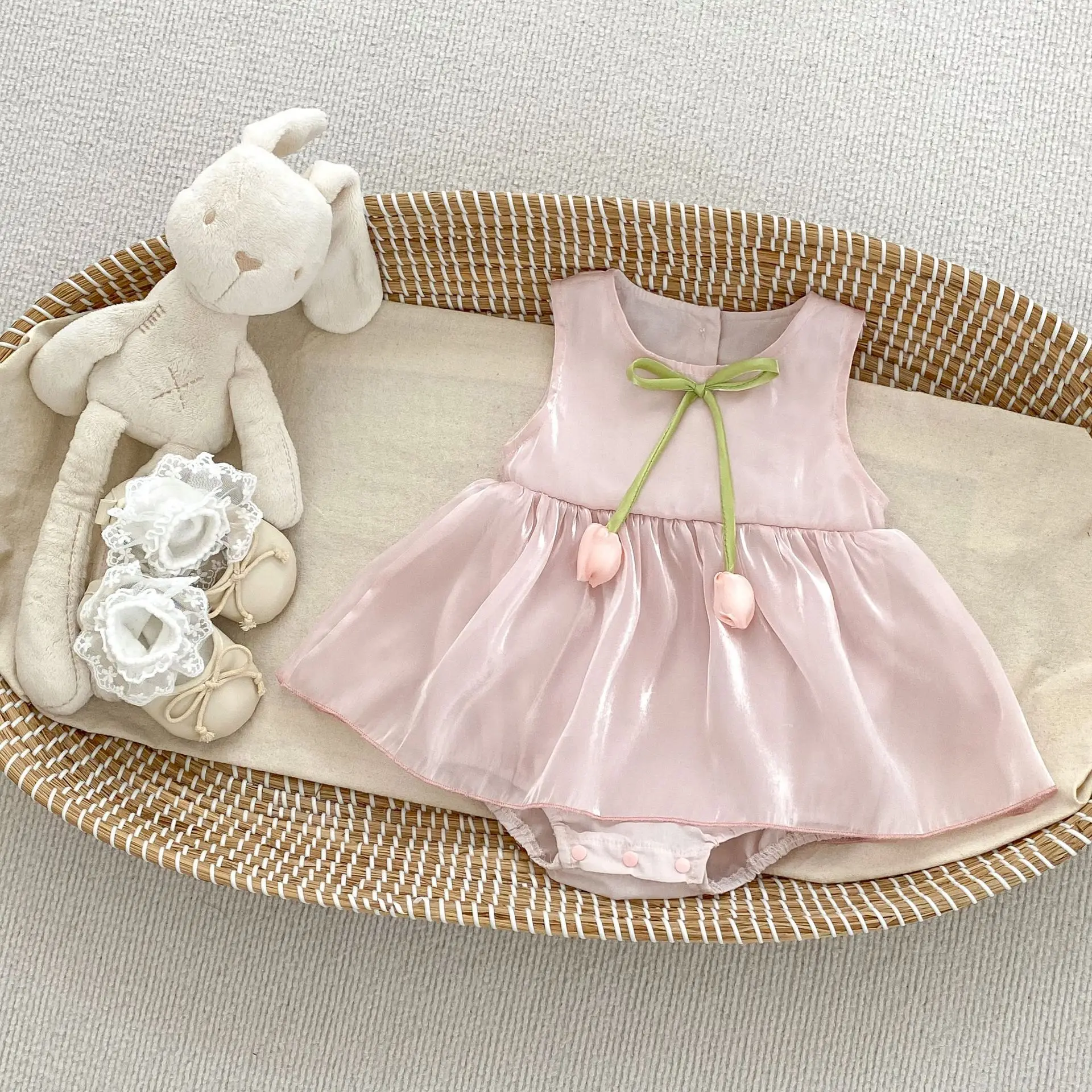 Robe d'été princesse fille bébé style occidental robe sans manches jupe évasée nœud satin accessoires inclus p