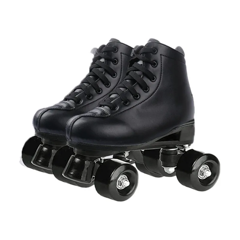 Patins à roulettes adulte unisexe quadroues en cuir synthétique noir lacets sport Loisir intérieur extérieur C