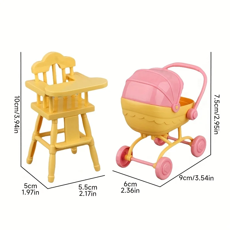 Ensemble Poussette et Chaise Haute Miniatures en Plastique Jouet Éducatif pour Poupées Décoration Maison de Po