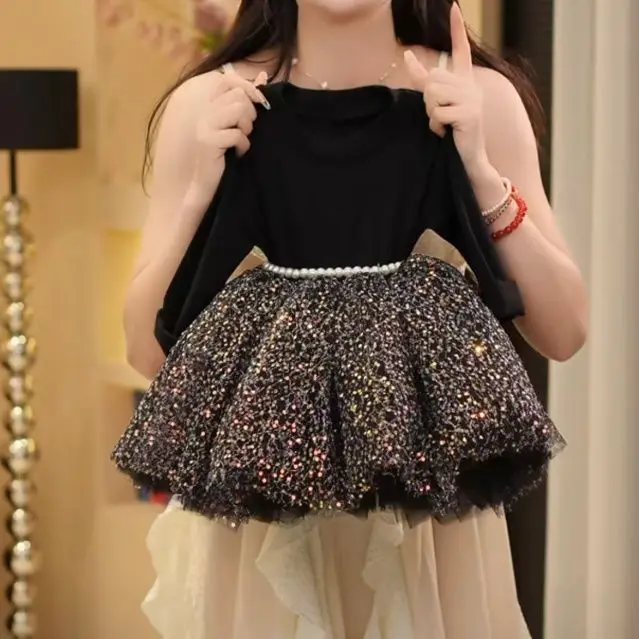 Robe princesse fille occasion spéciale paillettes noires tulle perlée