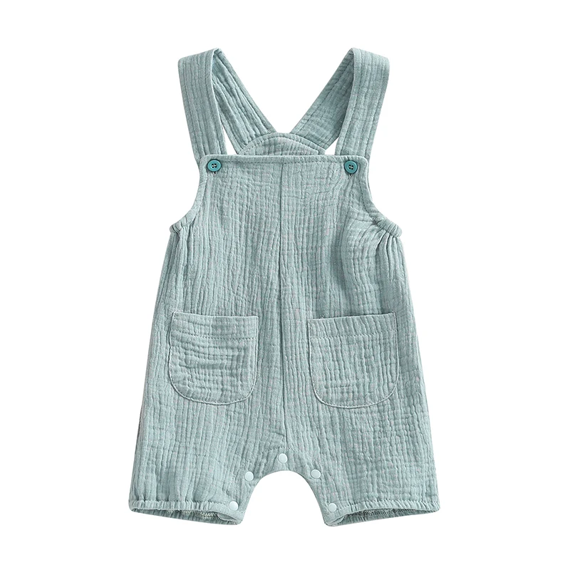 Romper bébé été coton vert clair bretelles boutons poches sans manches 02 ans fille garçon confort pratique