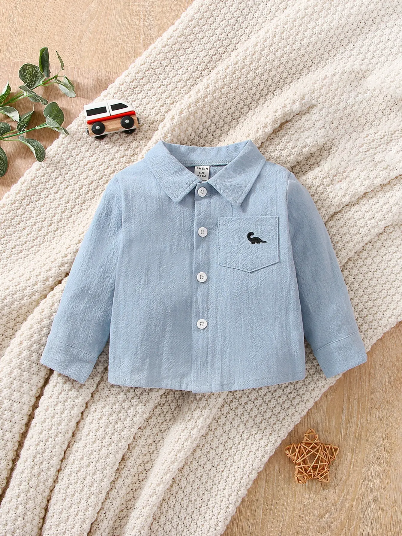Chemise longues manches pour bébé garçon coton doux Haze Blue 13 ans col classique poche motif style moderne c