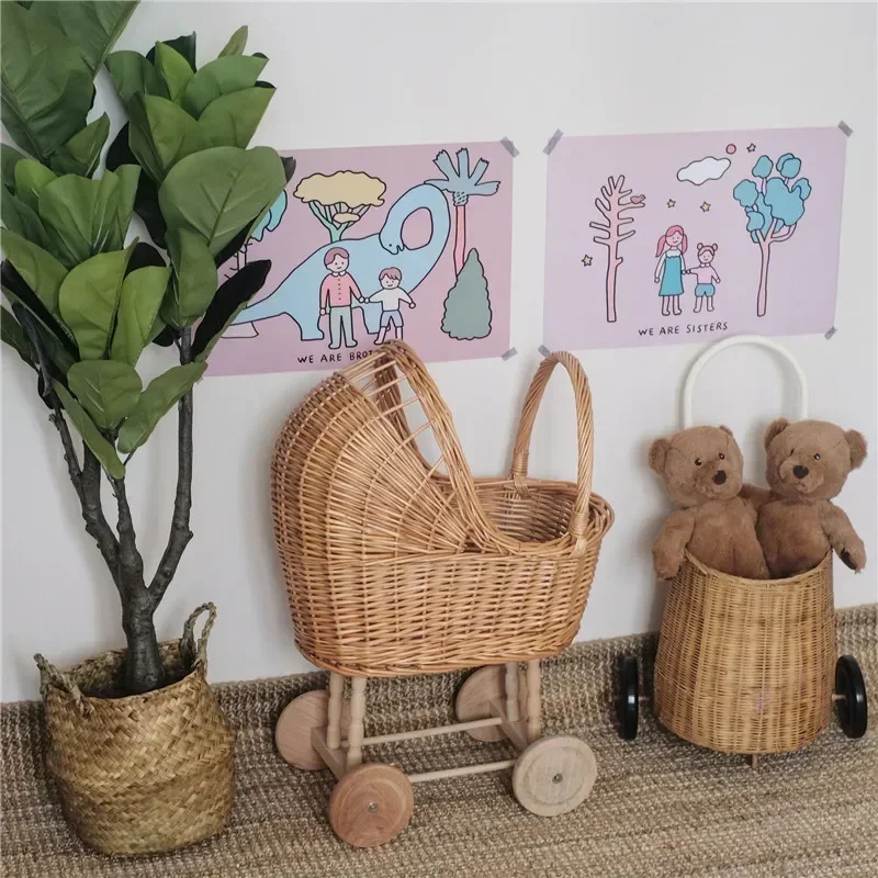 Poussette Vintage en Rotin pour Bébé Accessoire Photo Décoration Chambre Usage Pratique Matériau Écologique St