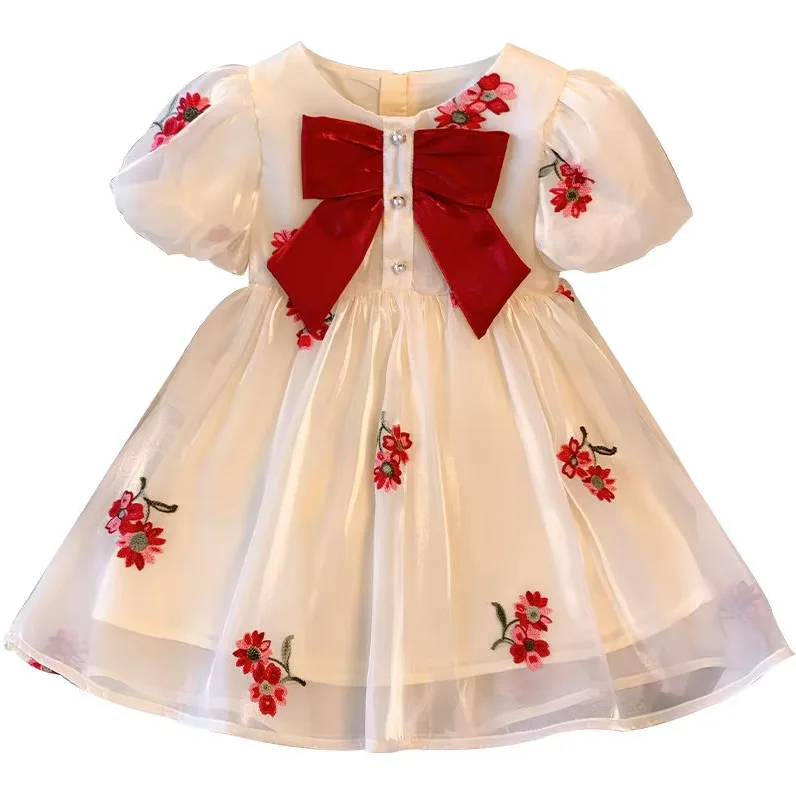 Robe de princesse pour filles style romantique blanche avec broderies florales satin bow occasion spéciale cad
