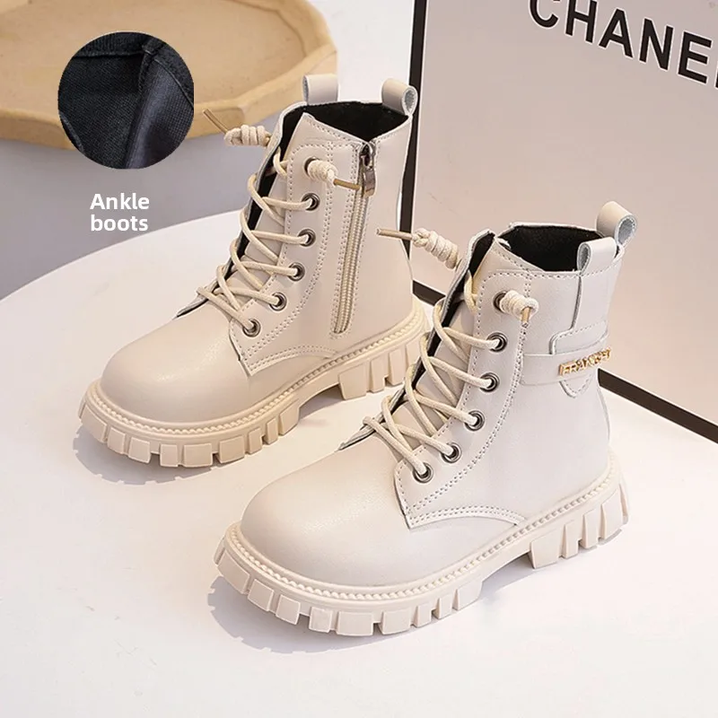 Bottines filles mode enfants CHANELL blanc cuir simili lacets métal fermeture éclair latérale antidérapante au