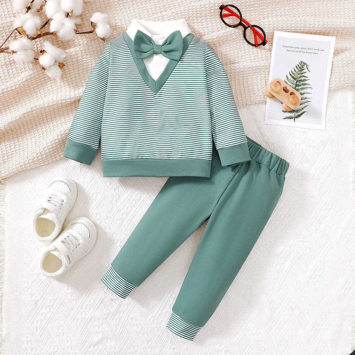 Ensemble bébé garçon 03 ans style collège nœud papillon rayé vert et