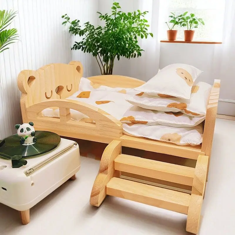 Lit en bois pour bébé style ours jeu imaginaire accessoires bébé literie sécurité échelle d'accès coussins en