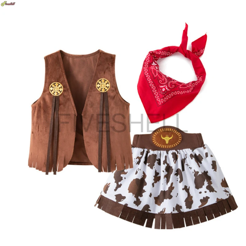Costume de cowgirl pour enfants Halloween Purim fête veste jupe bandana polyester accessoires inclus style wes