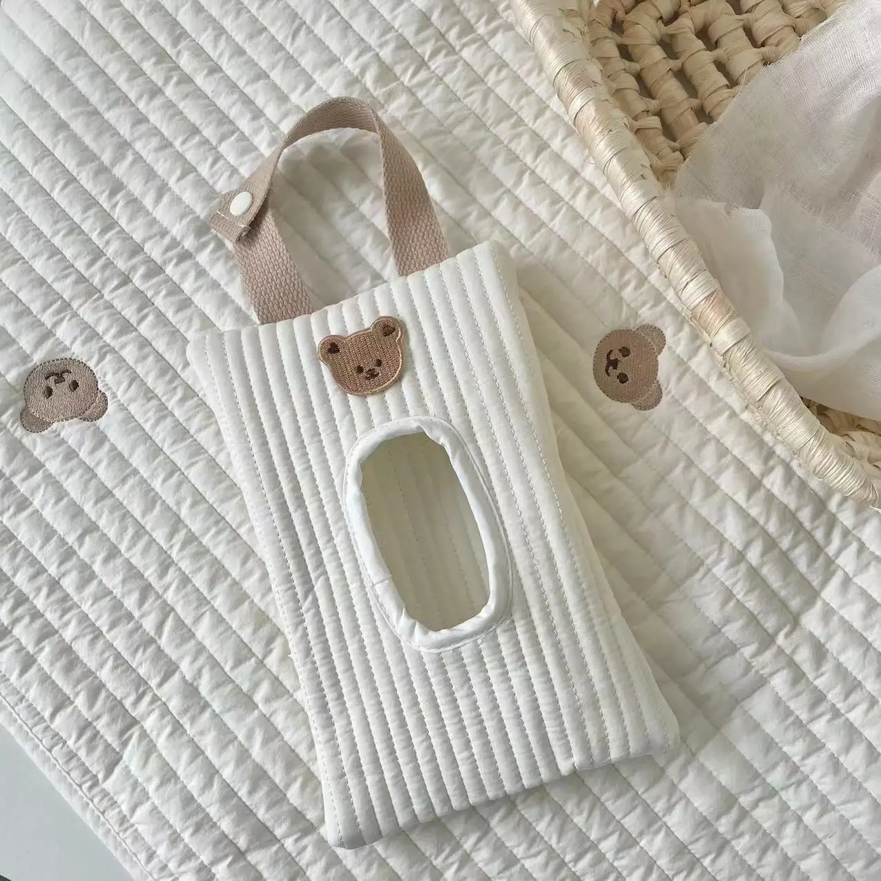 Housse tissu coton pour lingettes bébé tissu fonctionnel design ours mignon accessoire stroller suspensif pour