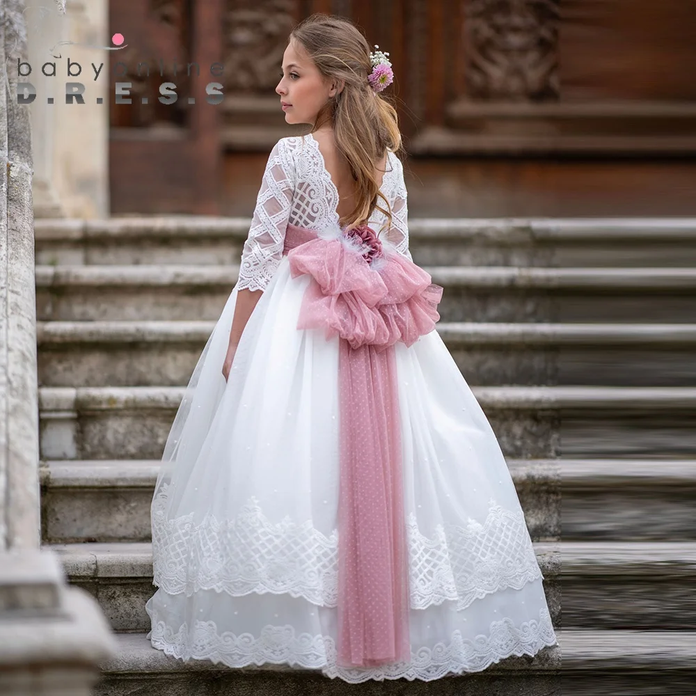 Robe de communion personnalisée bohème pour enfant manches longues nœud