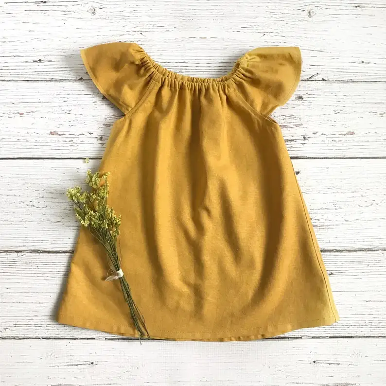 Robe d'été bébé fille 13 ans coton doux jaune moutarde encolure froncée