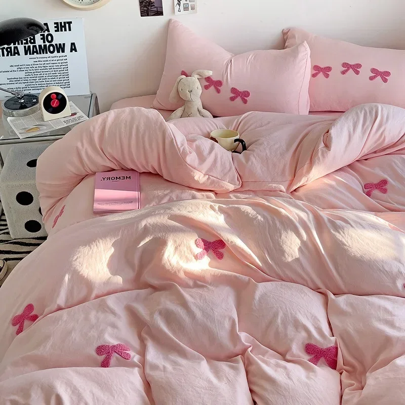 Ensemble de housse de couette avec nœuds roses mignons, ensembles de literie brodés en 3D, parure de lit rose,