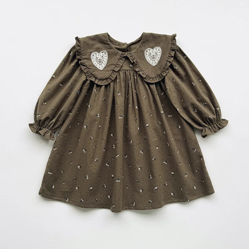 Robe décontractée pour filles style rétro floral manches longues col rond festonné coton doux pour enfants 36
