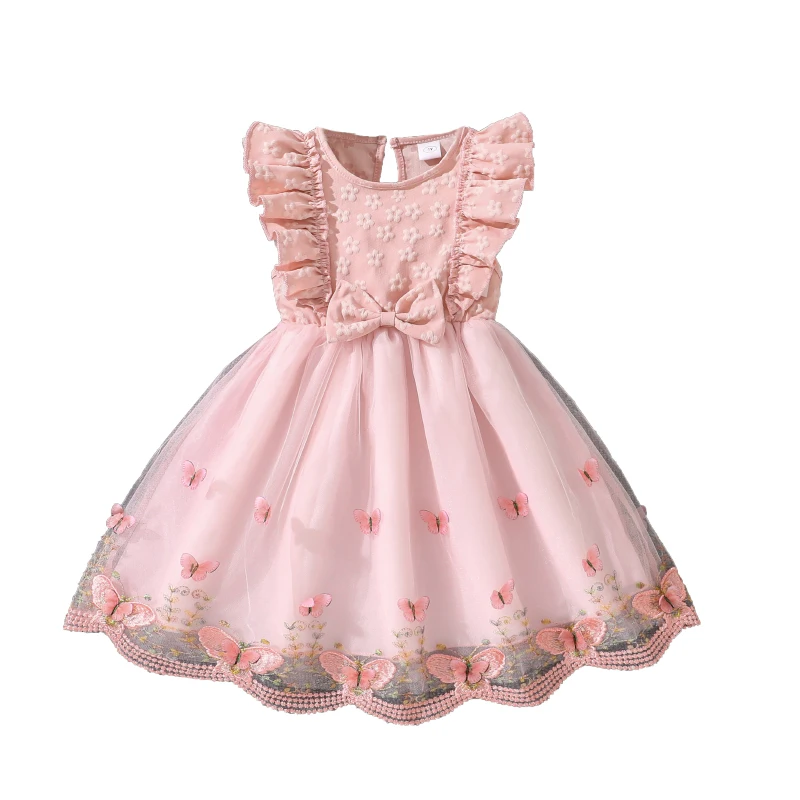 Robe princesse fille 47 ans col rond manches ailes nœud papillon floral broderie vêtement été fête anniversair