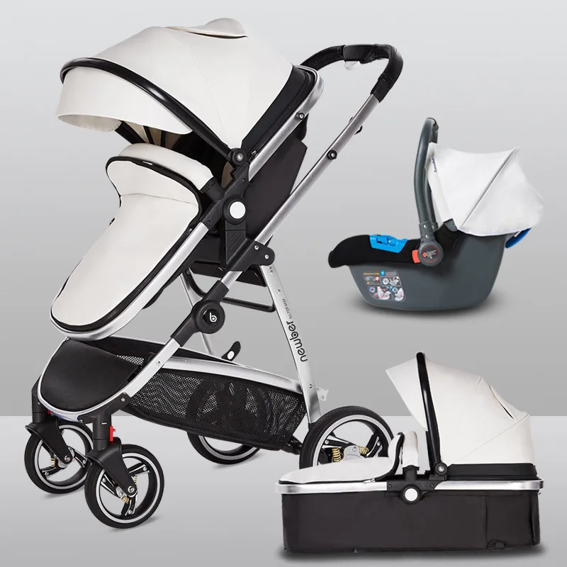 Poussette bébé 3 en 1 en cuir PU blanc avec siège auto pour nouveauné White 3 in 1